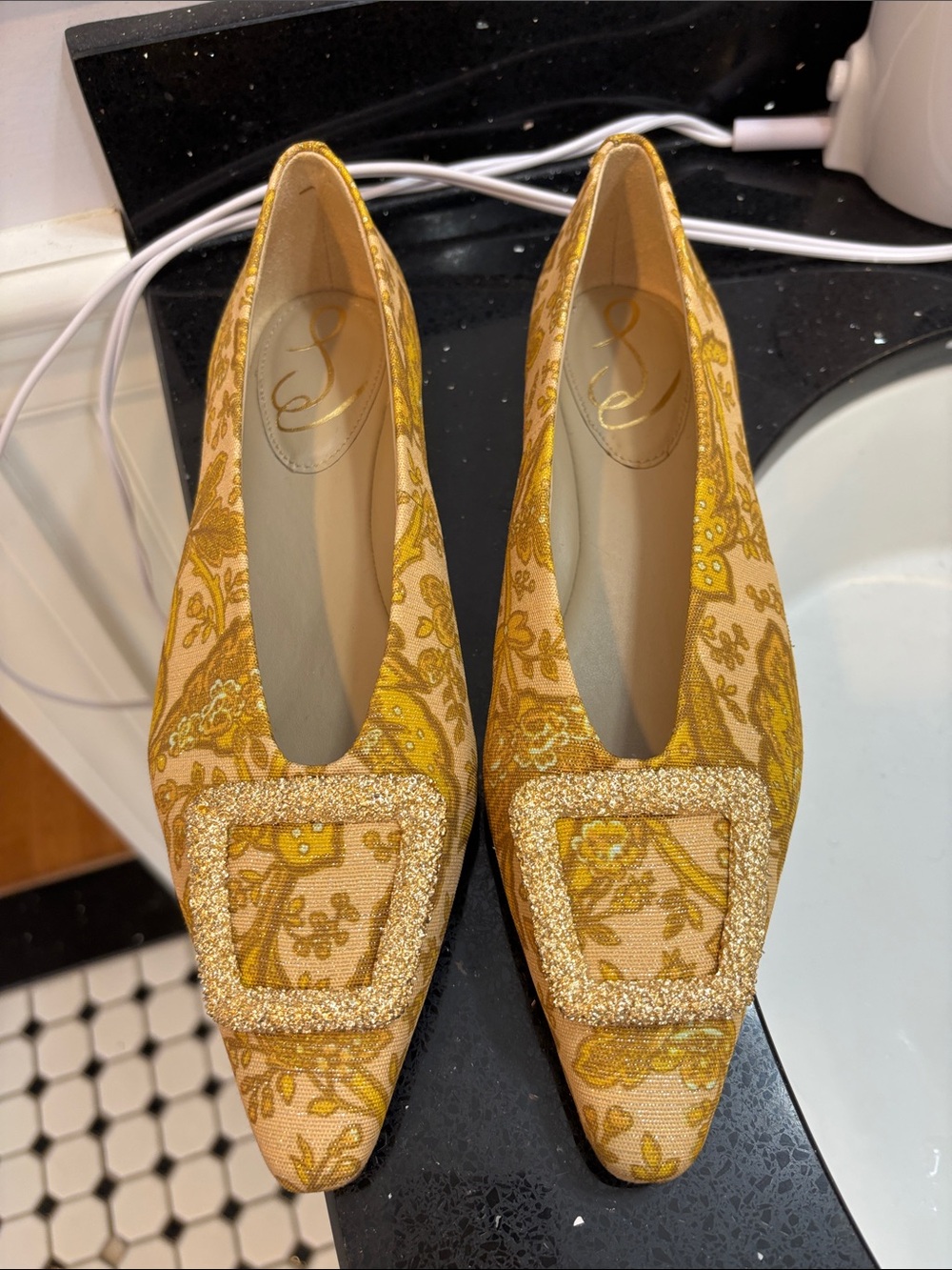 NWOT Sam Edelman Yellow Brocade Pointed Flats with Sparkling Buckles